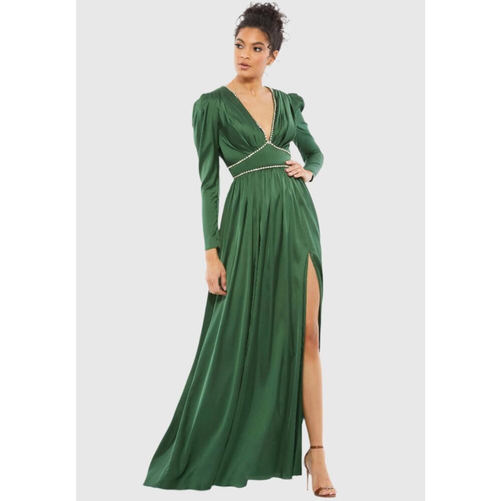 Mac Duggal | Rhinestone Trim Puff Sleeve Gathered Gown
